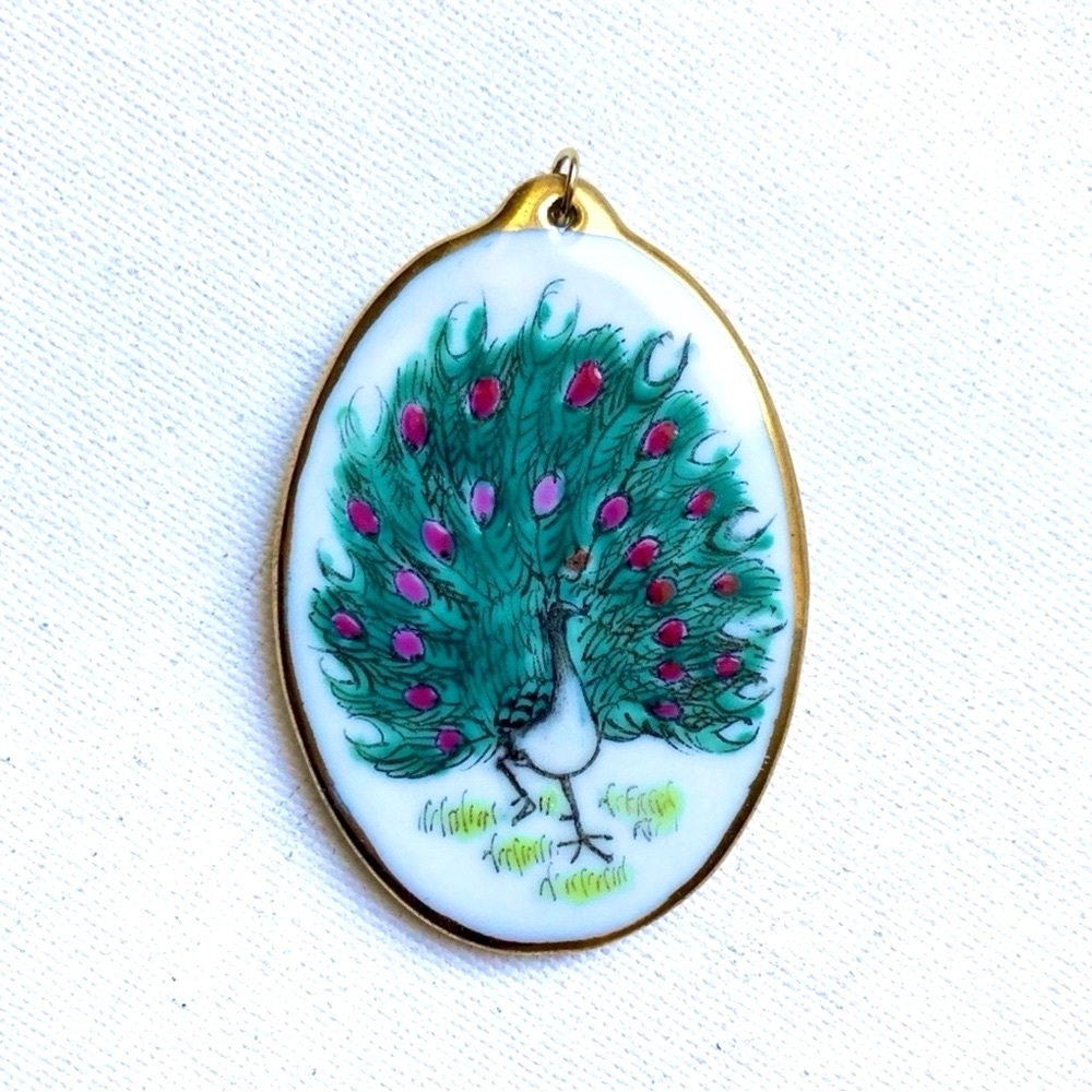 Vintage Signed Hand Painted Peacock With Gold Trim Porcelain Pendant